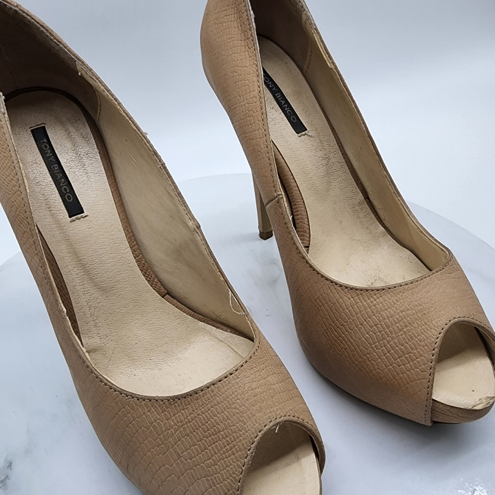 Aus8 Tony Bianco Leather Nude Repilte Emboss Open Toe Platform Heels - Picture 16 of 16